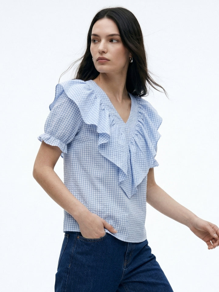 Blue Puff Sleeve Ruffle Neckline Top