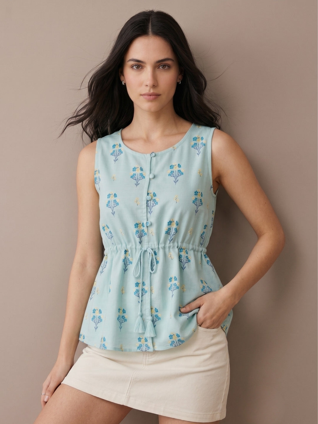 Blue Printed Peplum Top With Waist Drawstring Detail