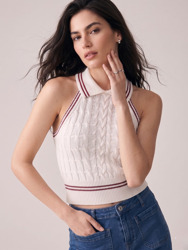 White Collared Contrast Tipping Cable Knit Tank