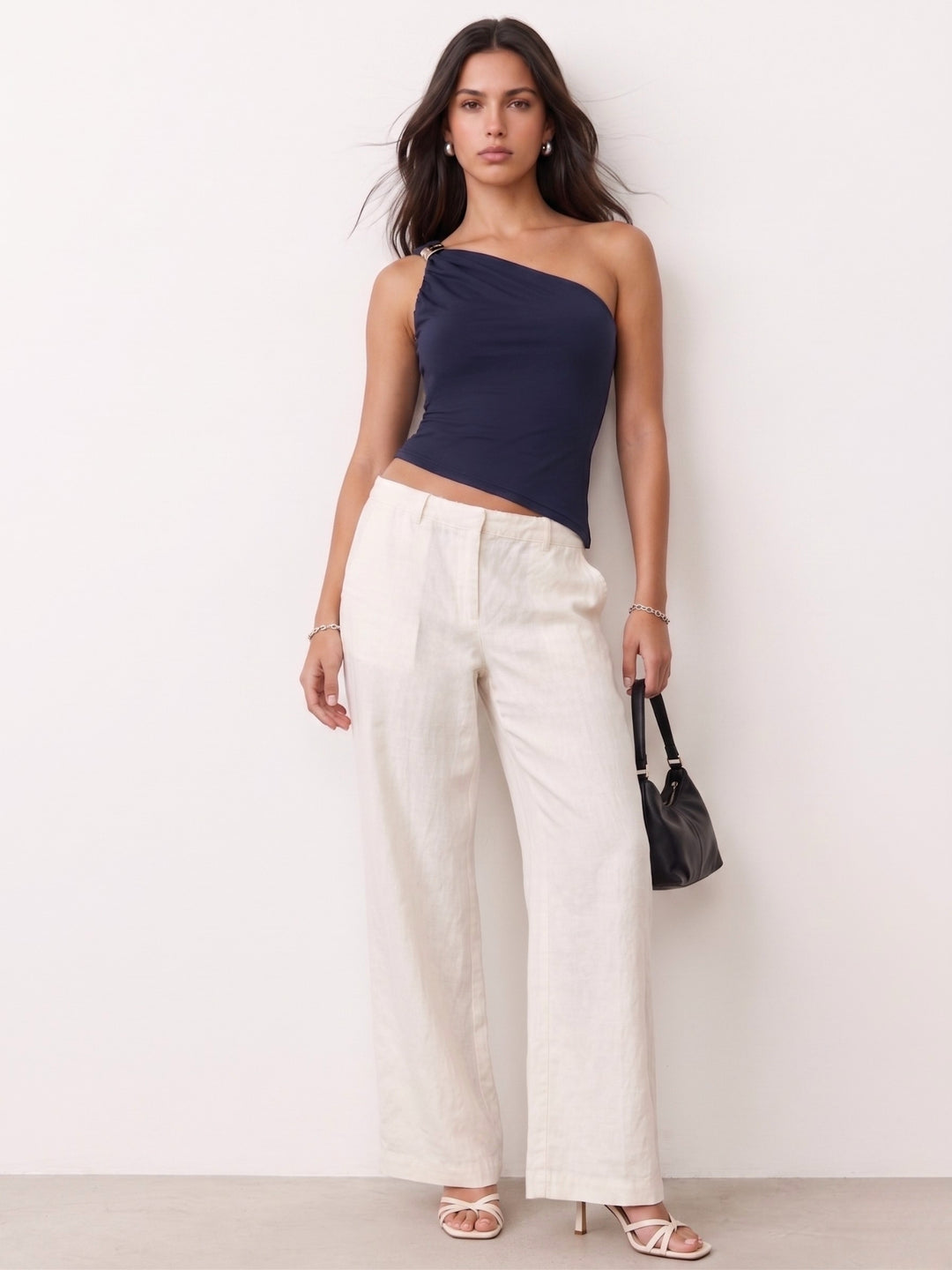 Navy Blue Asymmetrical Buckle Trim Polyamide Top