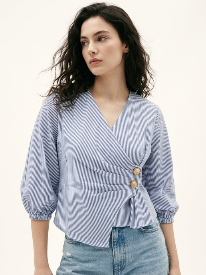 Blue Striped Wrap Blouse