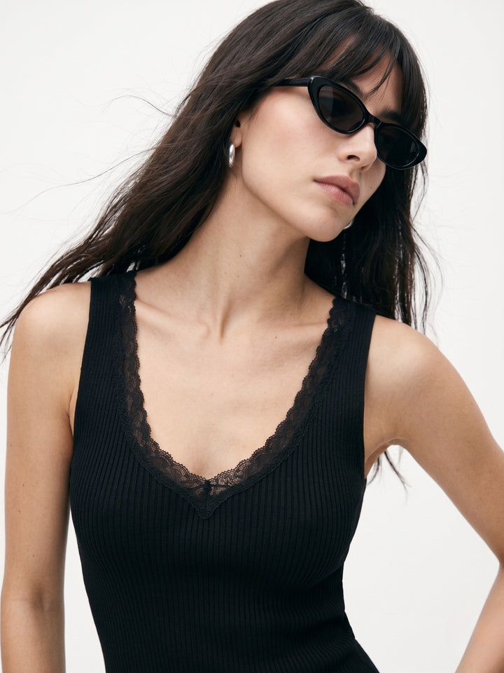 Black Fitted Tank With Lace Detail
