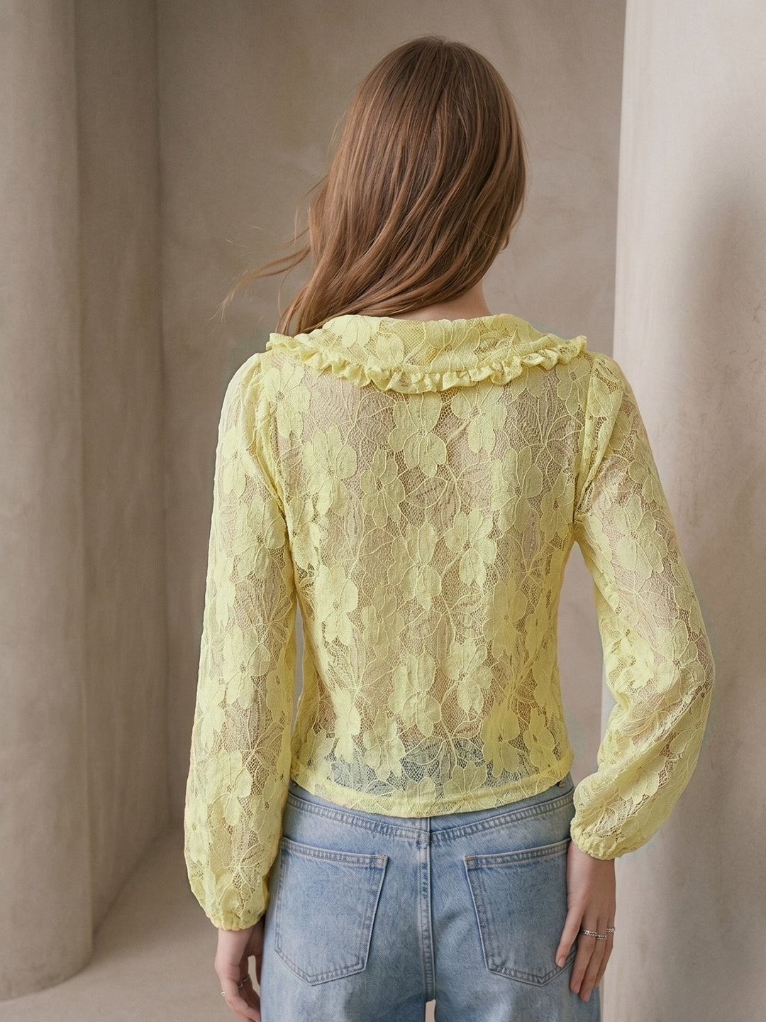 Yellow Textured Lace Front Tie-Up Top