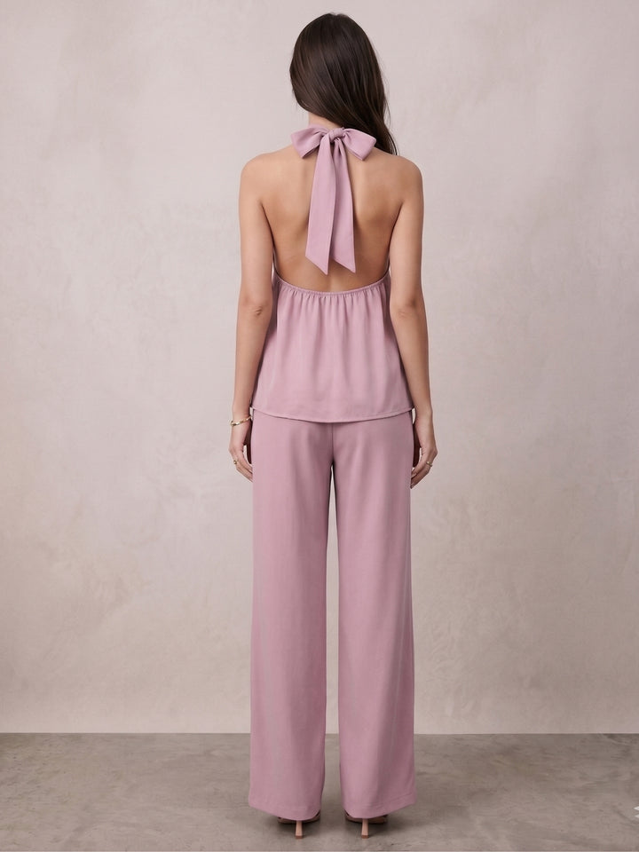 Pink Cross Halter Neck Top And Pant Set