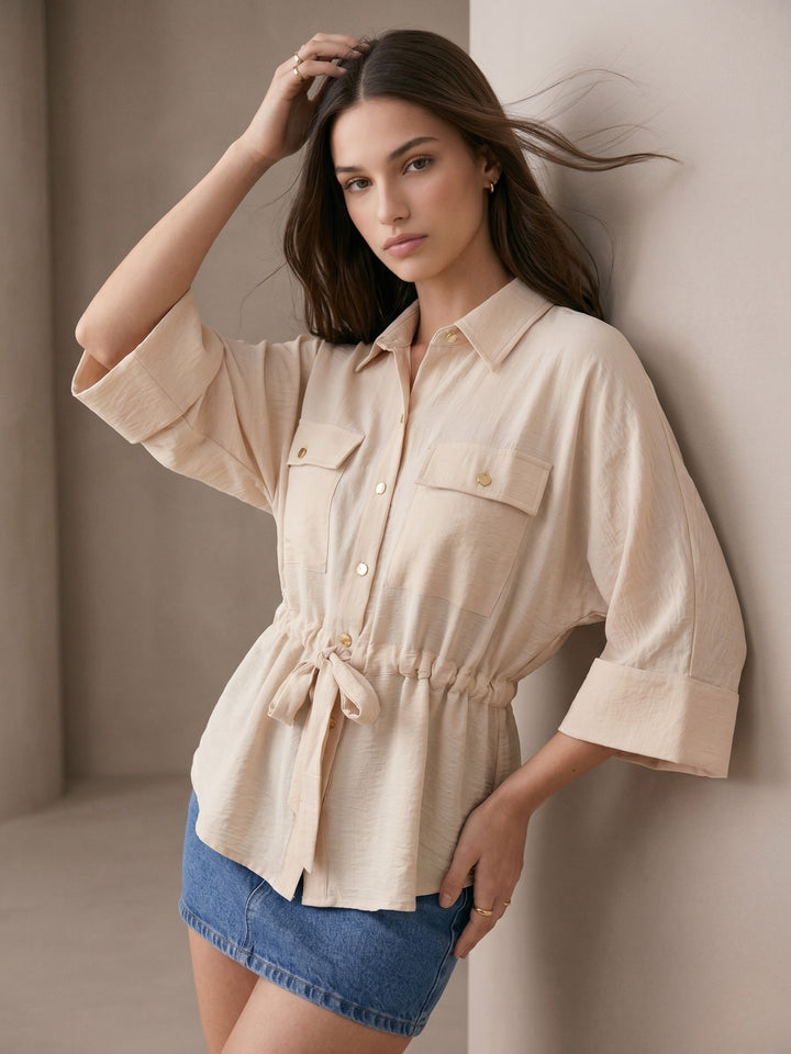 Off White Drawstring Waist Button Down Top