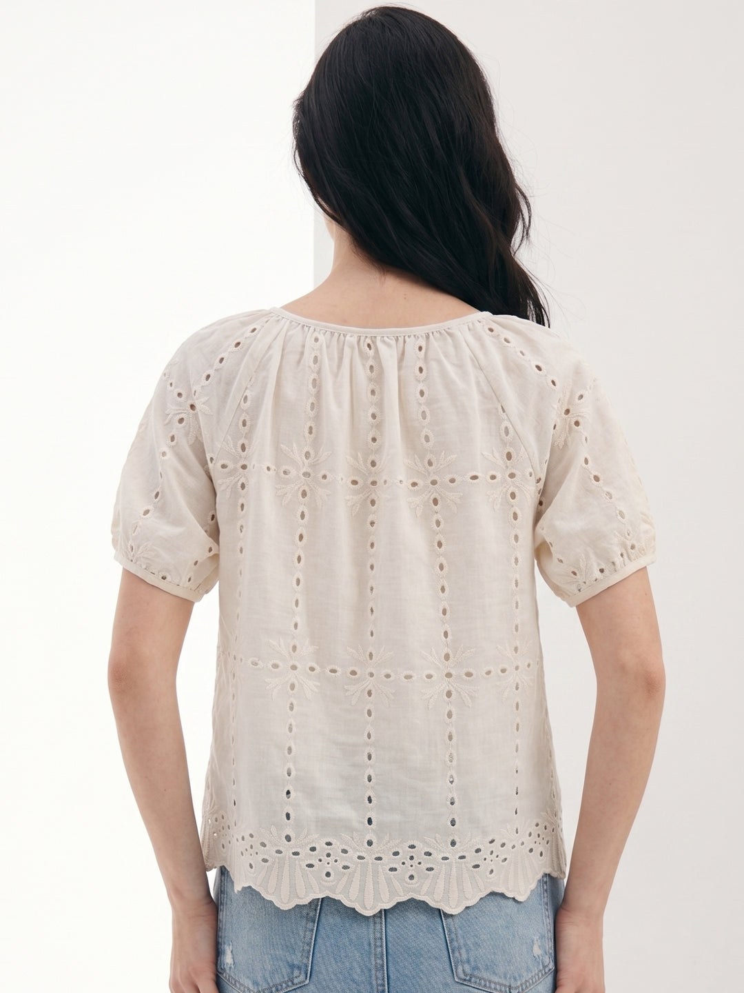 Off White Scallop Hem Front Tie-Up Schiffli Top