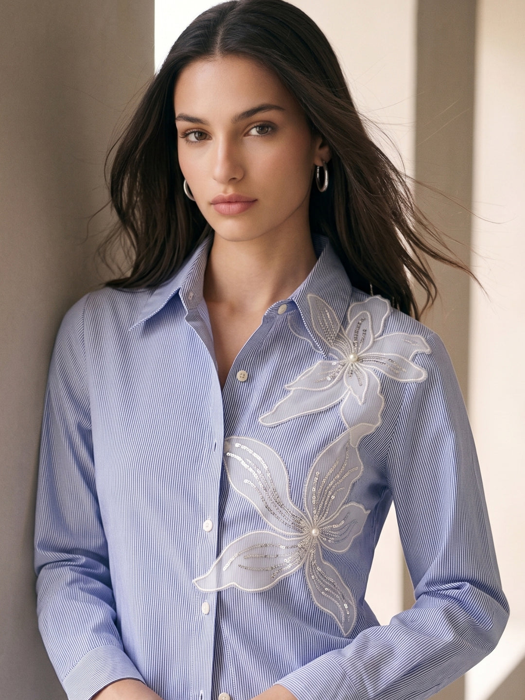 Blue Embroidered Stripe Blue Shirt