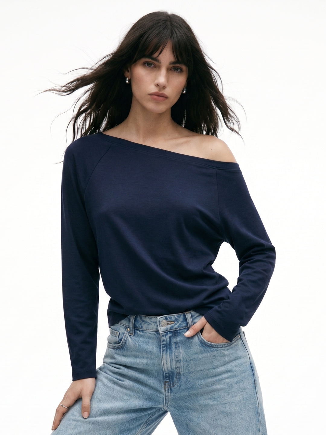 Navy Blue Broad Shoulder Full Sleeves Top