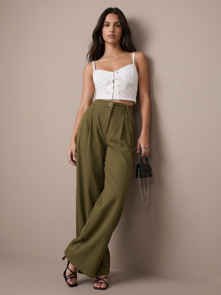 Olive High-Waist Belted Wide Leg Trousers