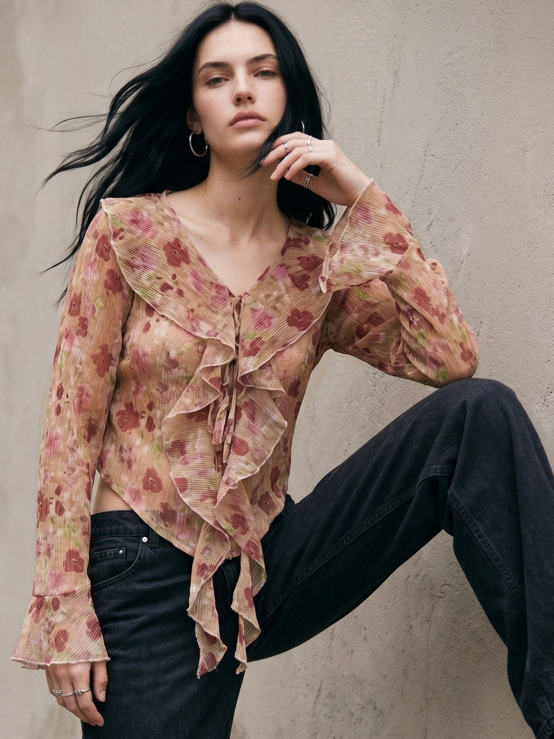 Multi V Neck Printed Blouse With Ruffles