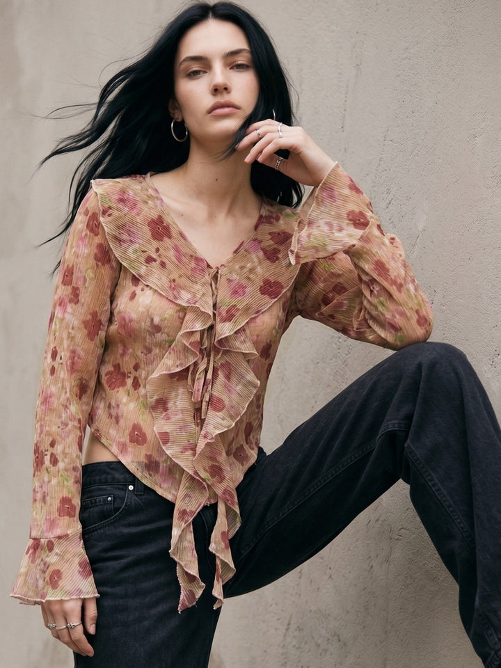 Multi V Neck Printed Blouse With Ruffles