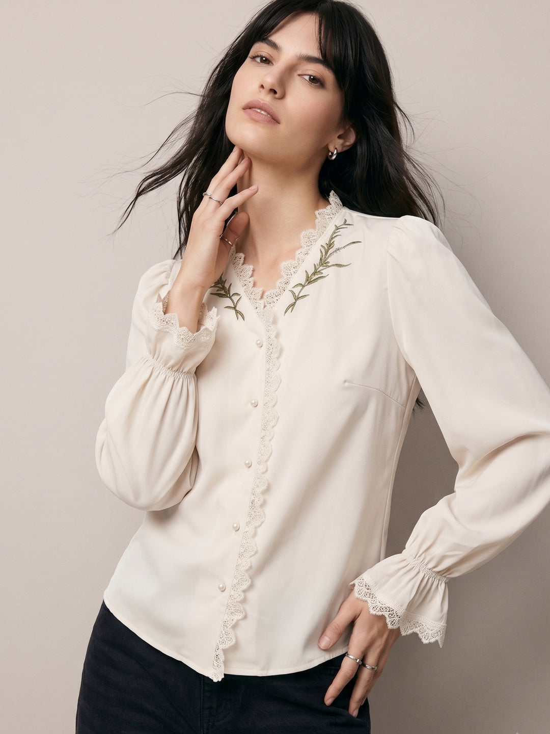 Off White Button Down Blouson Top With Lace Inserst