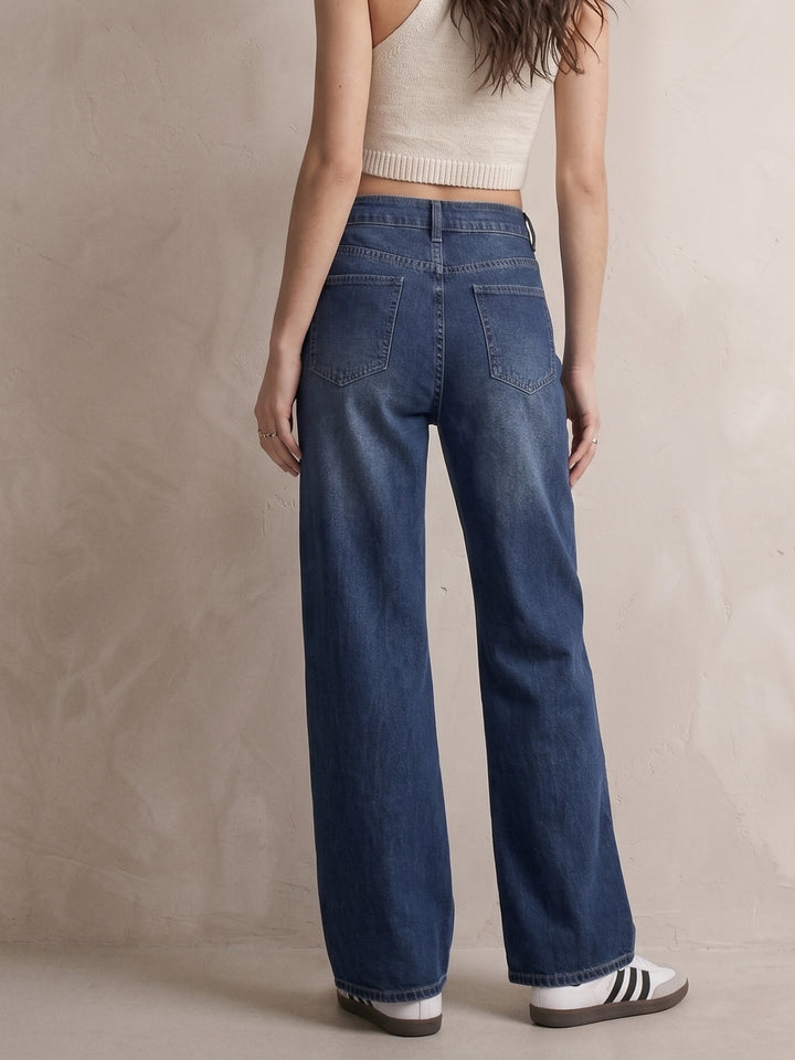 Navy Blue Solid Wide Leg Jeans