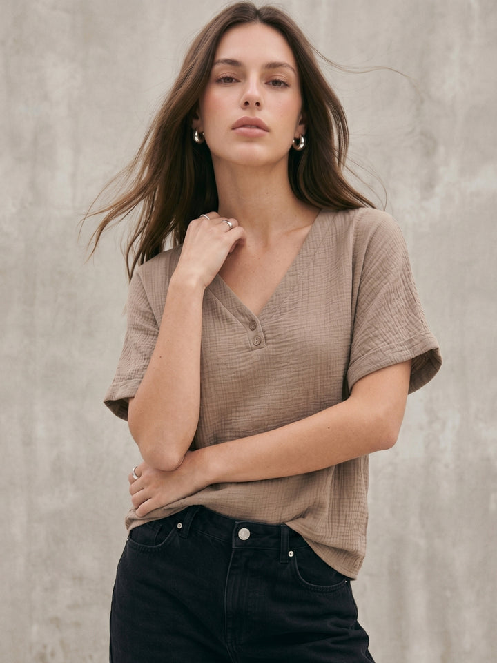 Brown Textured V Neck Top
