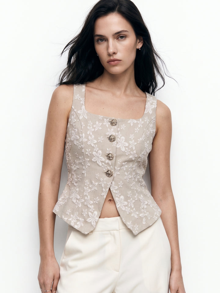Beige Sleeveless Front Buttoned Textured Top