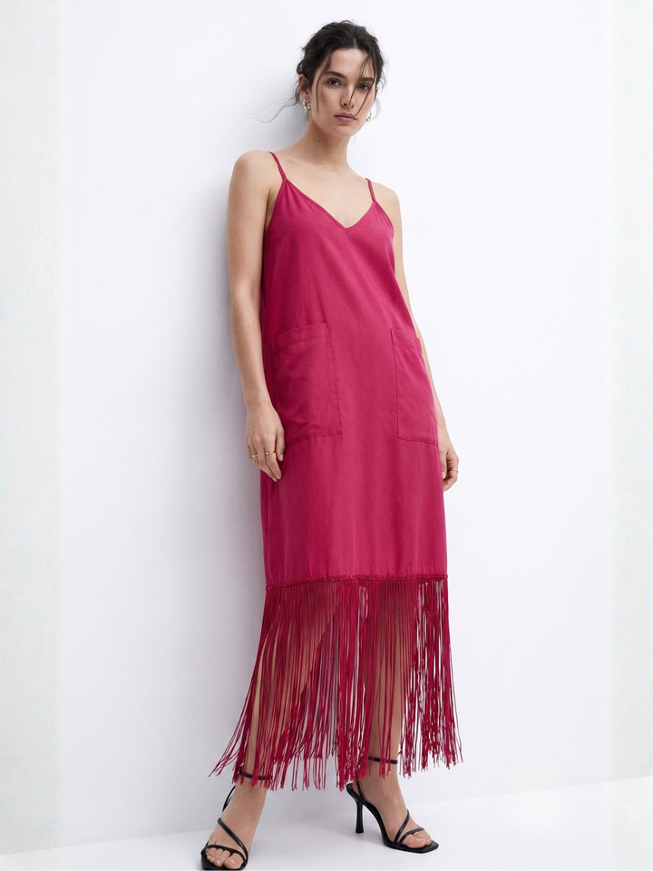 Red Strappy V Neck Dress With Fringe Details And Pockets