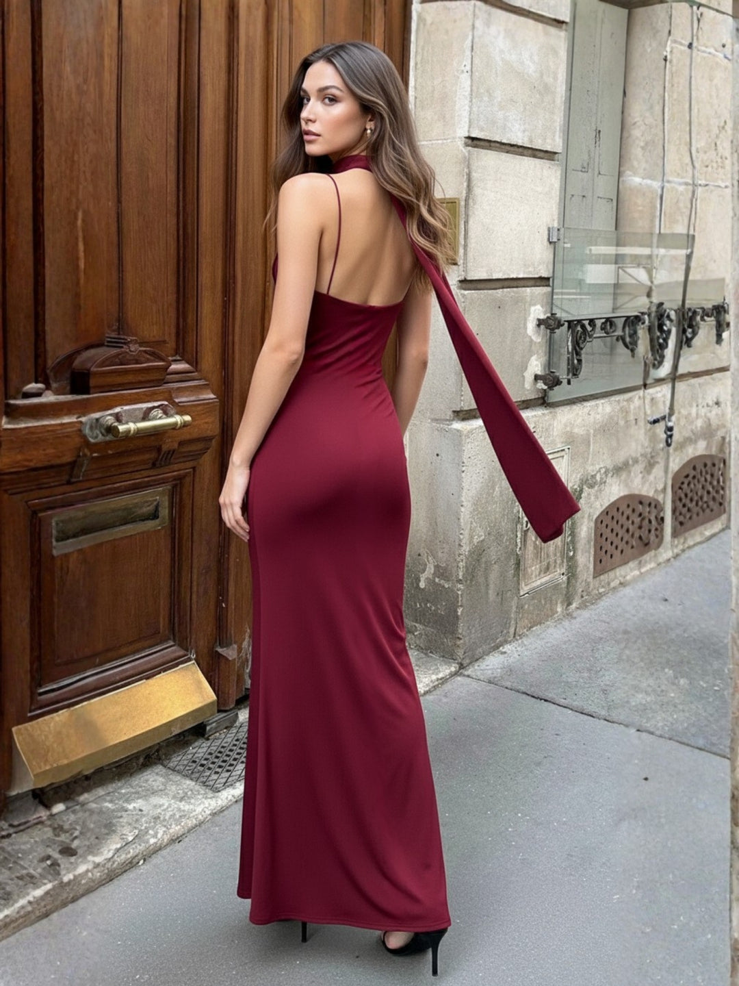 Red Neck Cowl Wrap Dress