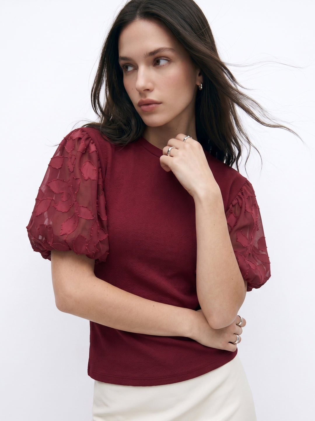 Maroon Puff Textured Sleeved Top