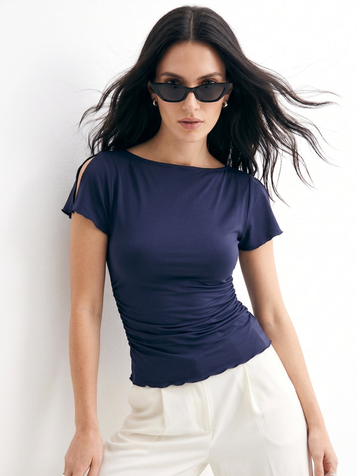 Navy Blue Lettuce Hem Detail Top