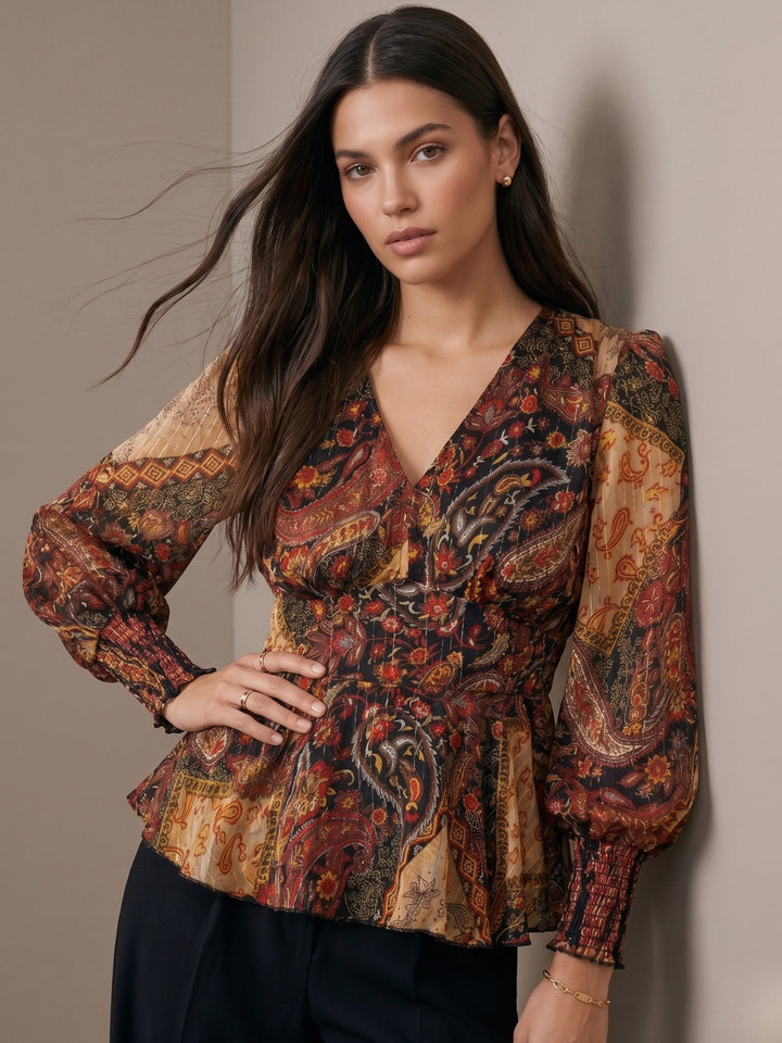 Brown Long Balloon Sleeves Peplum Top In Lurex Fabric