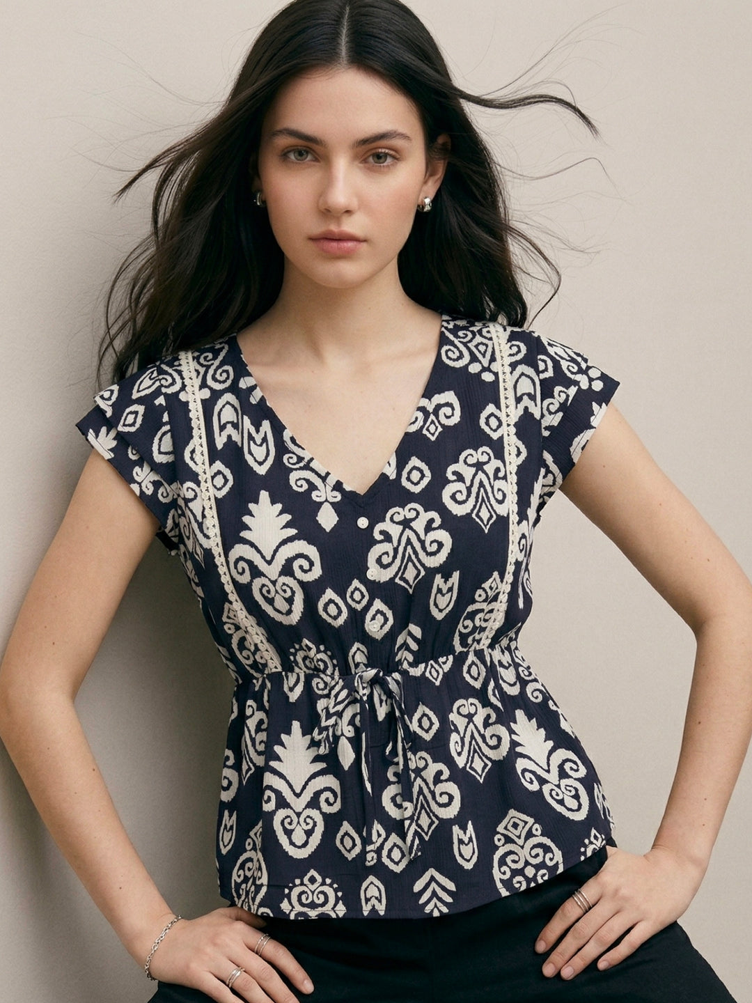 Navy Blue Floral Print Top