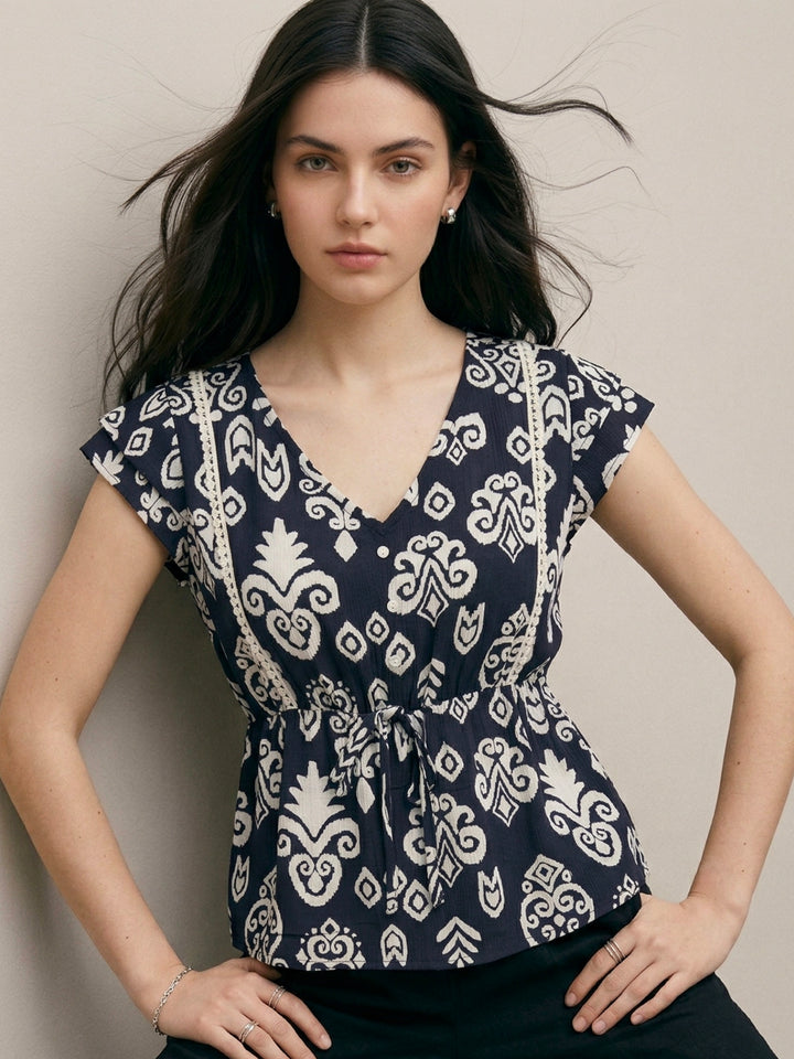 Navy Blue Floral Print Top