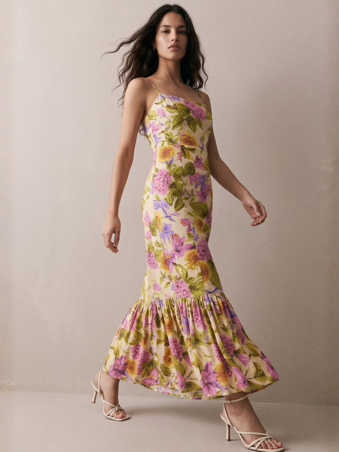 Pink Floral Mermaid Midi Dress