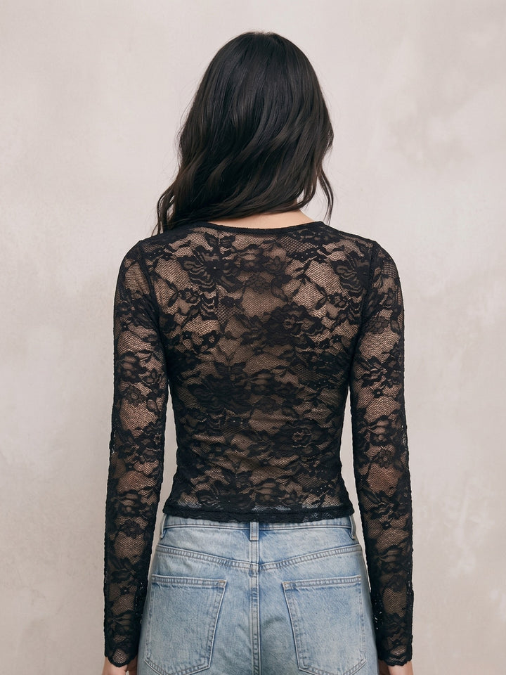 Black Plunge Neck Scalloped Lace Fitted Top