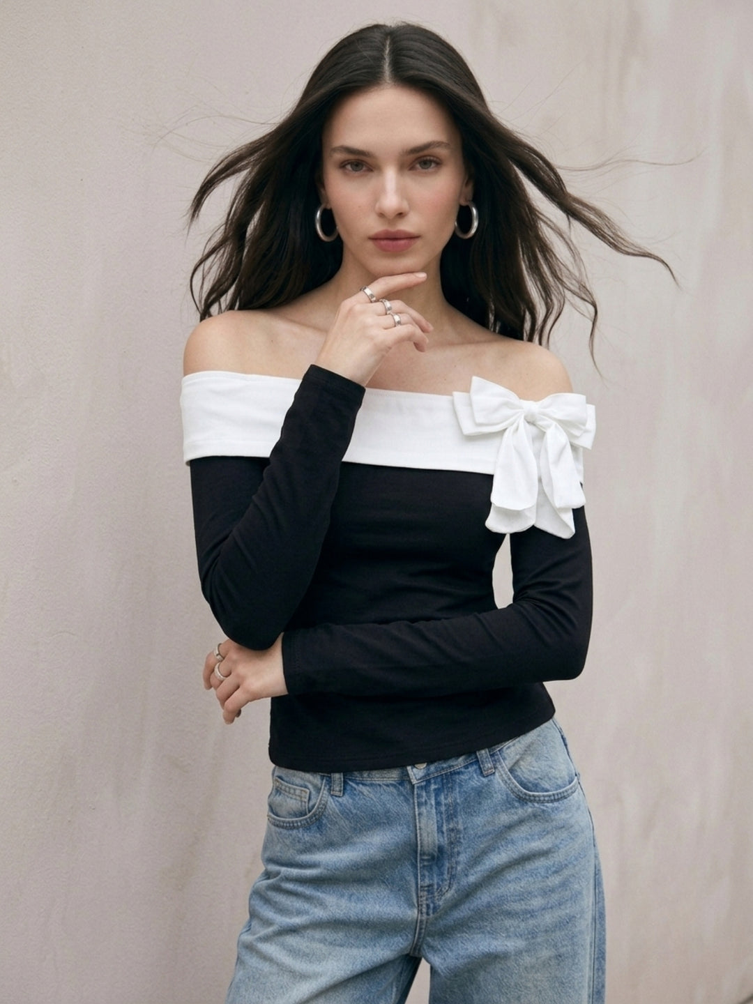 Black Off-Shoulder Fitted Top With Contrast Bow Detail
