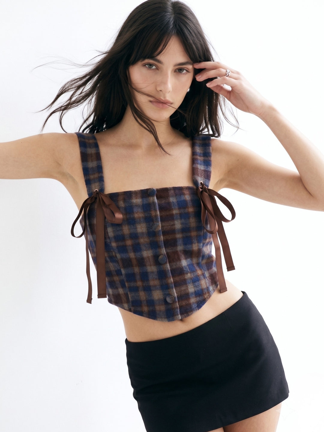 Multi Plaid Patterned Blouse With Tie Up Details