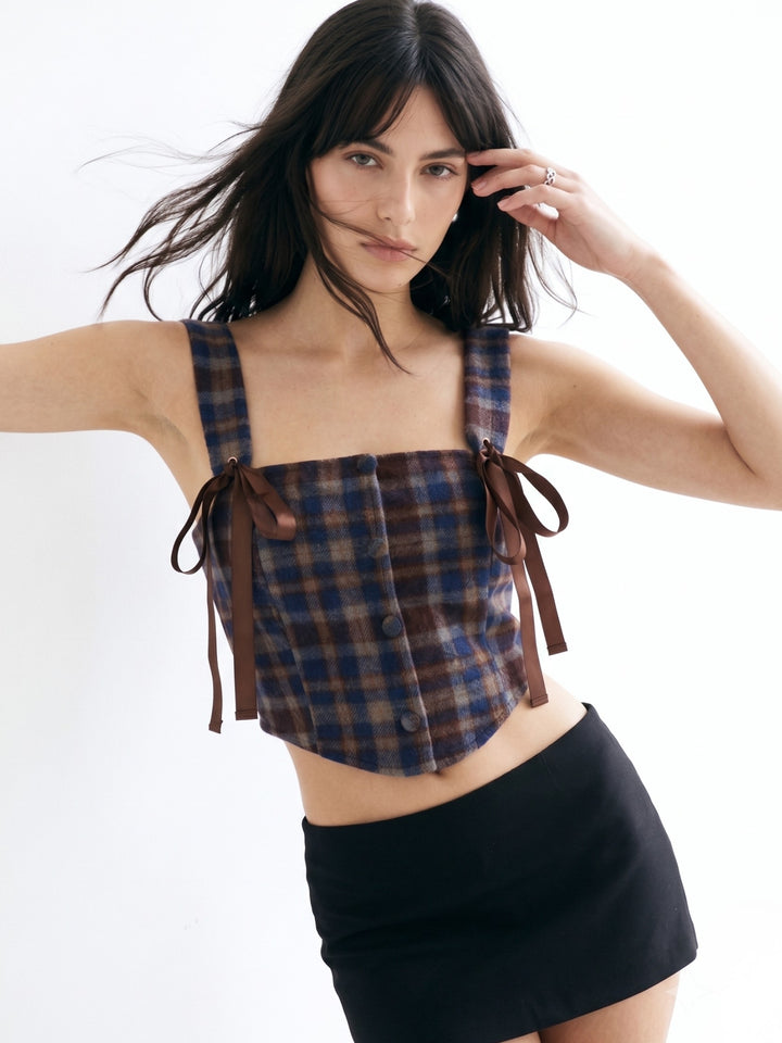 Multi Plaid Patterned Blouse With Tie Up Details