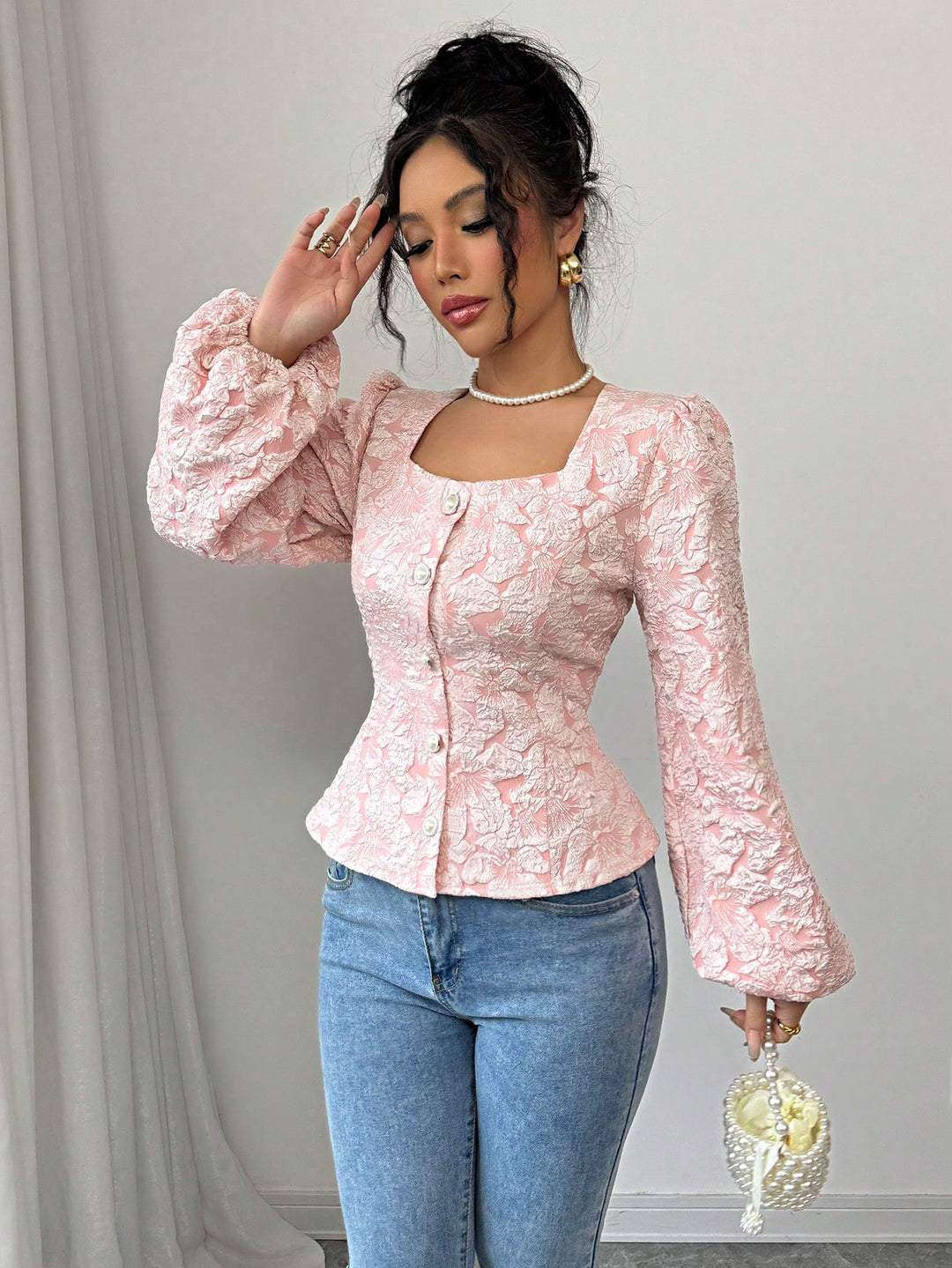 Pink Square Neck Button Down Blouse