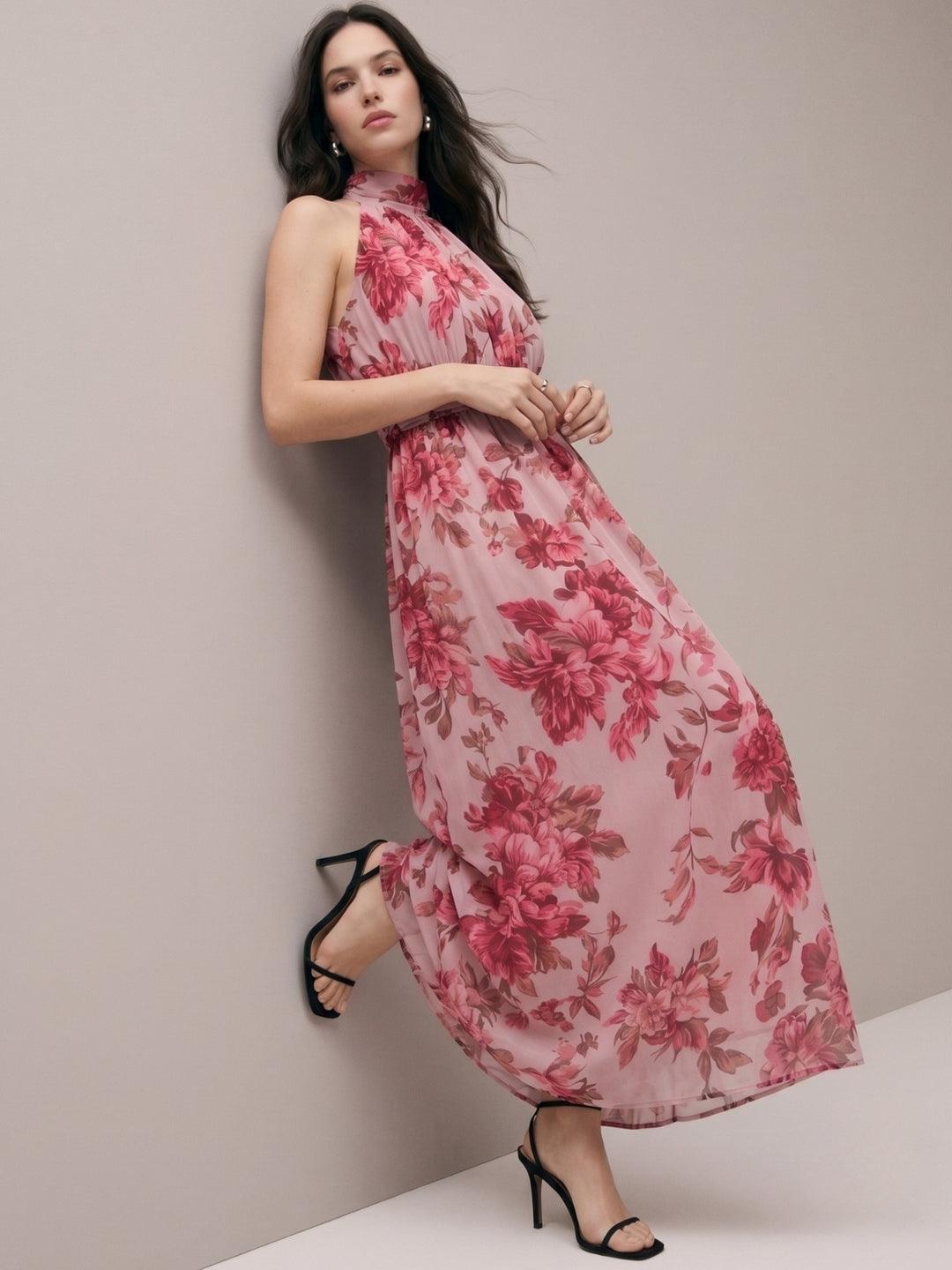 Pink Halter Neck Printed Dress With Cinched Waist