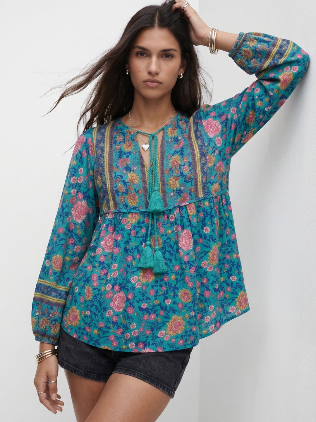 Light Blue Printed Tie Up Closure Blouse
