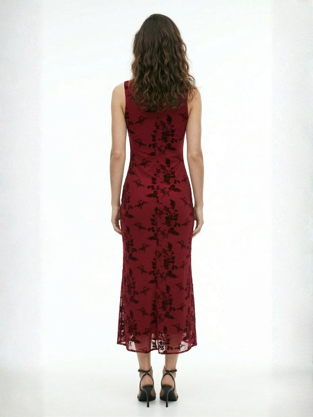 Red Plunge Neck Sleeveless Printed Dress