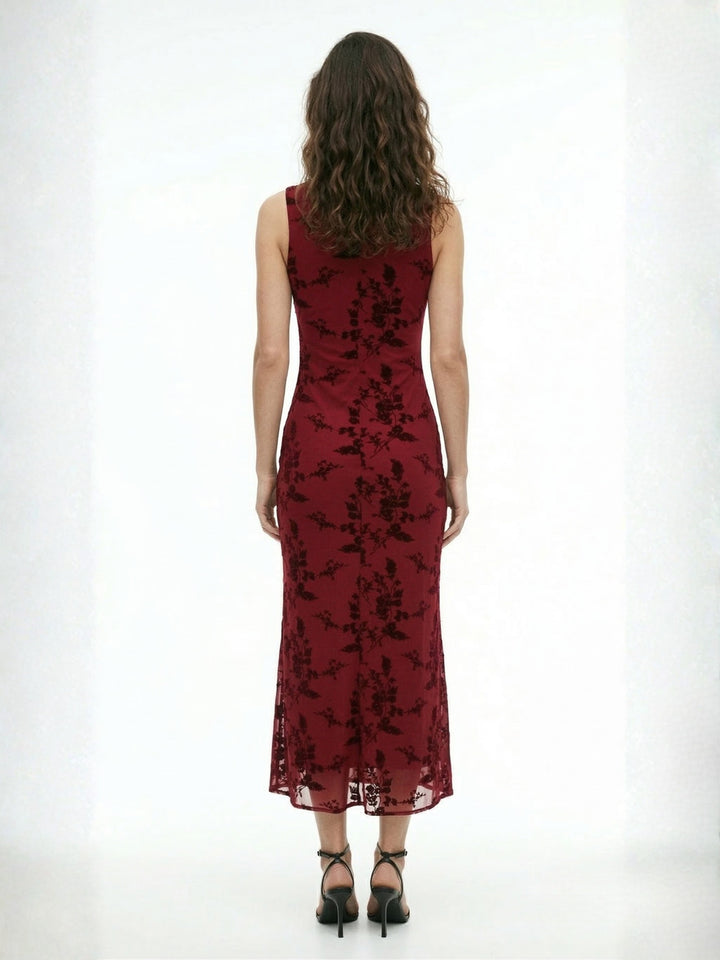Red Plunge Neck Sleeveless Printed Dress