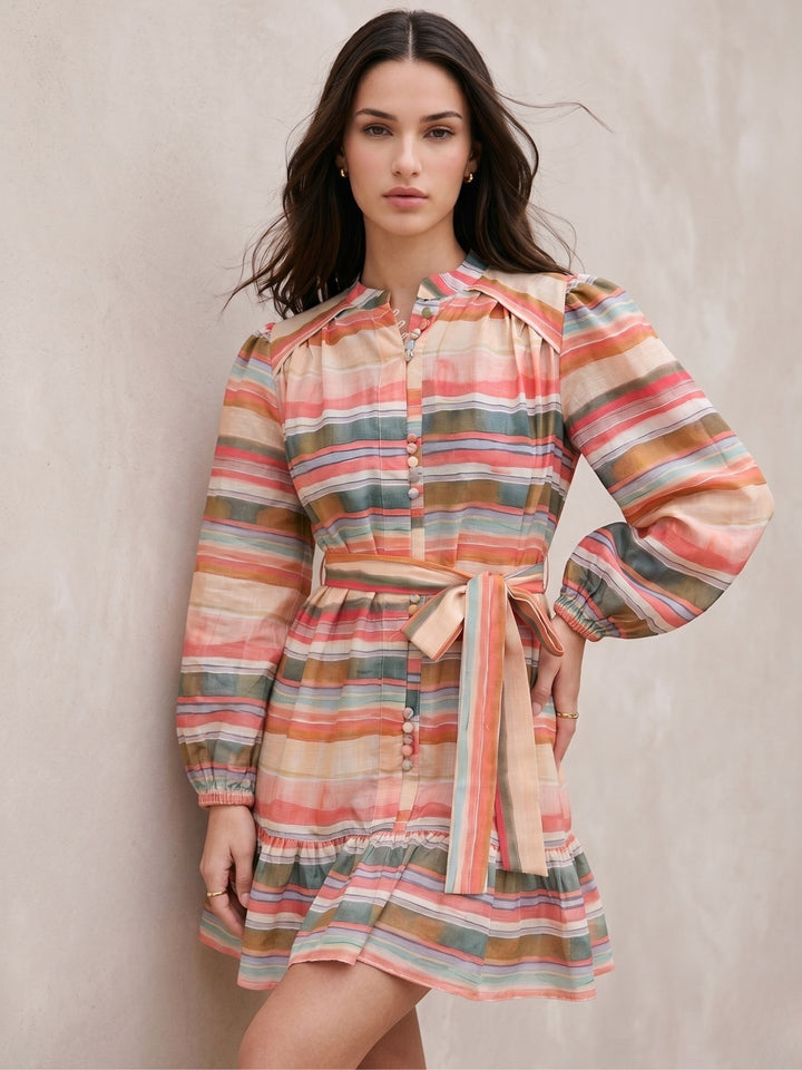 Pink Knee Length Printed Dress With Embellished Buttons Details