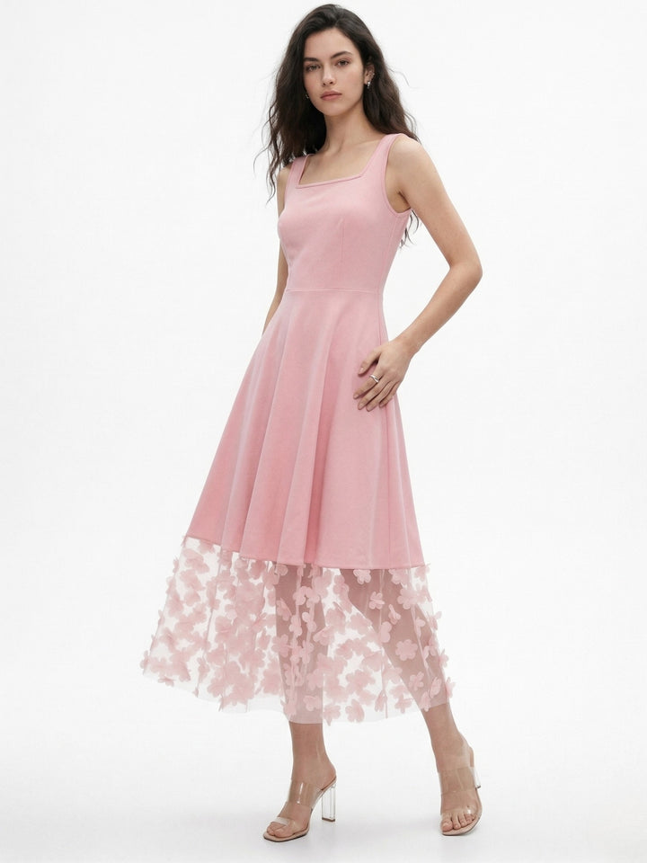 Pink Square Neck Dress With Lace Hem