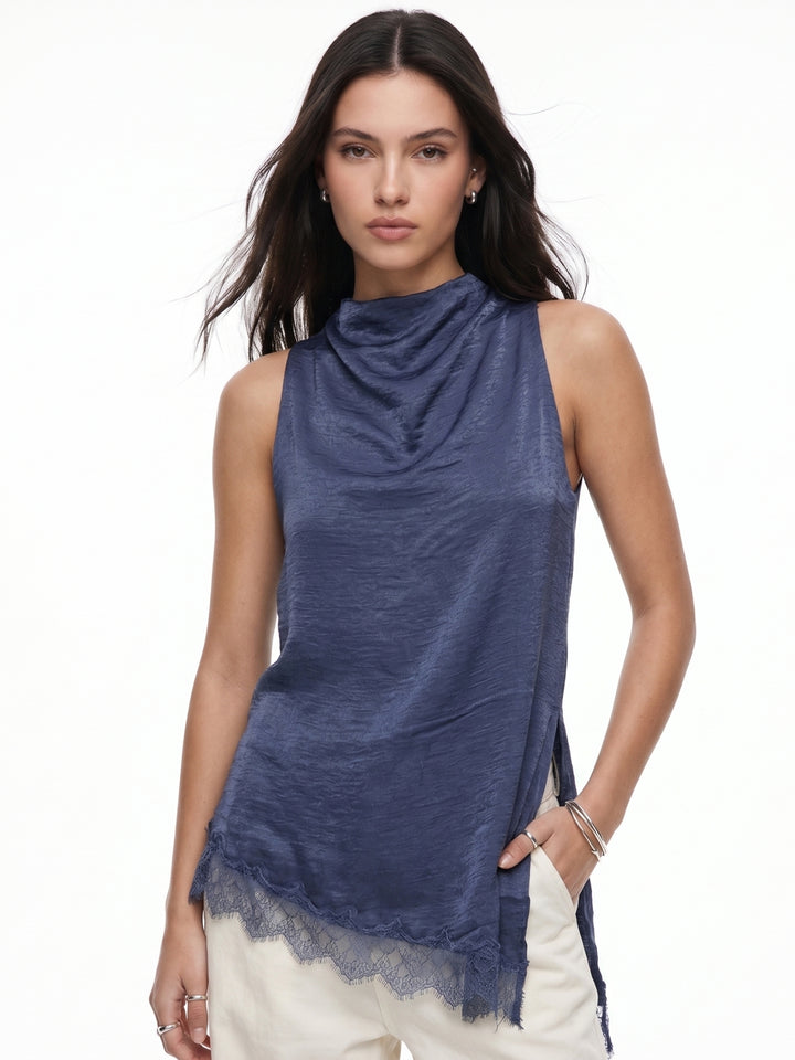 Navy Blue Mock Neck Lace Hem Top