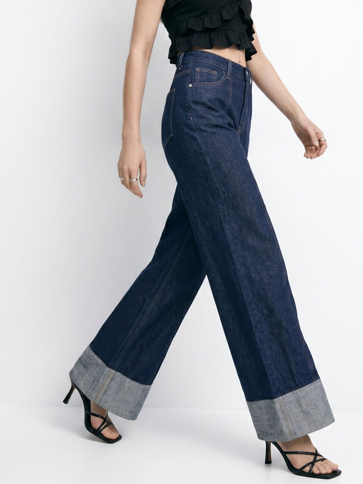 Dark Blue Folded Hem Wide Leg Jeans