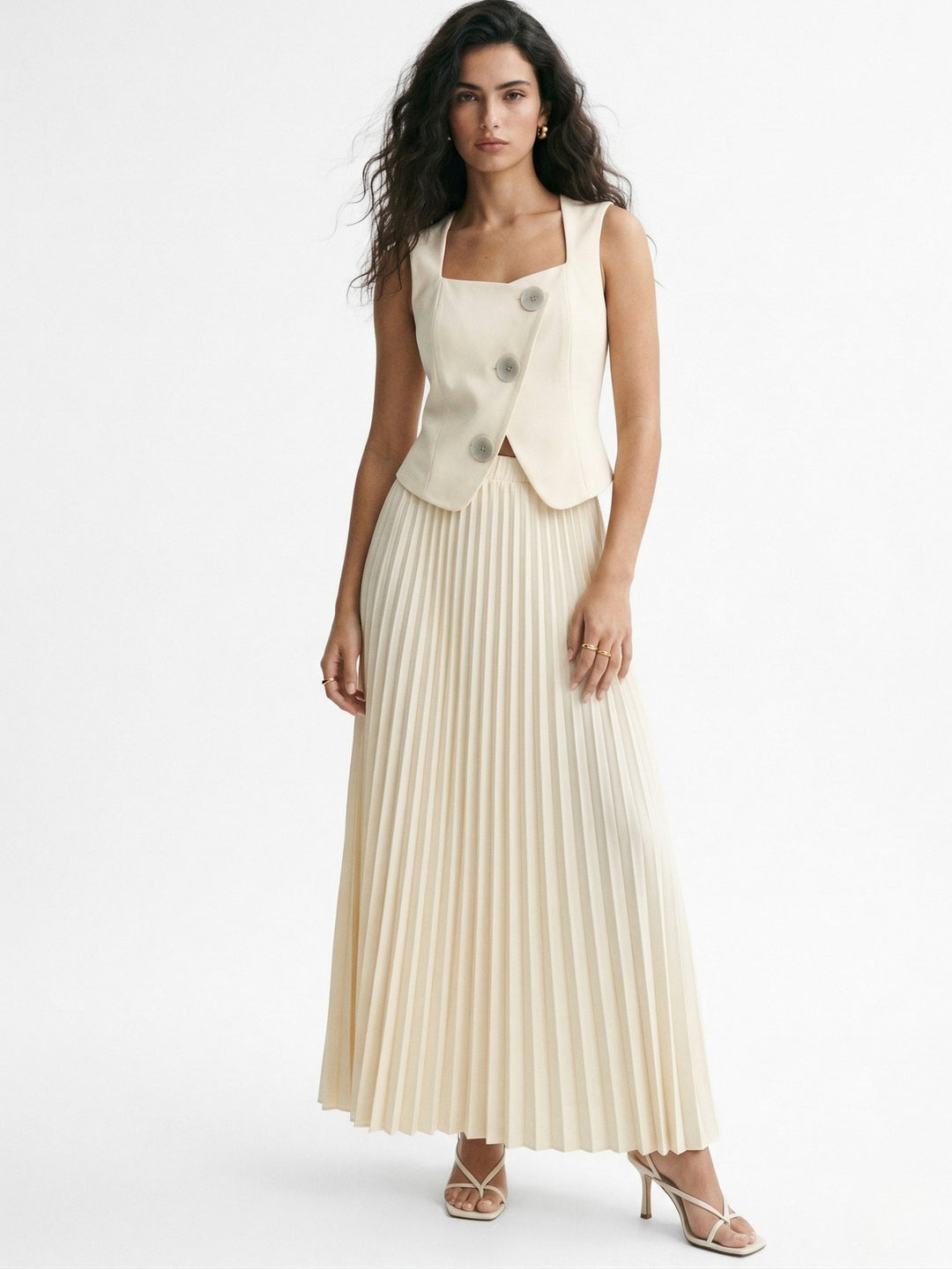 Cream Sleeveless Vest And Pleated Skirt Set