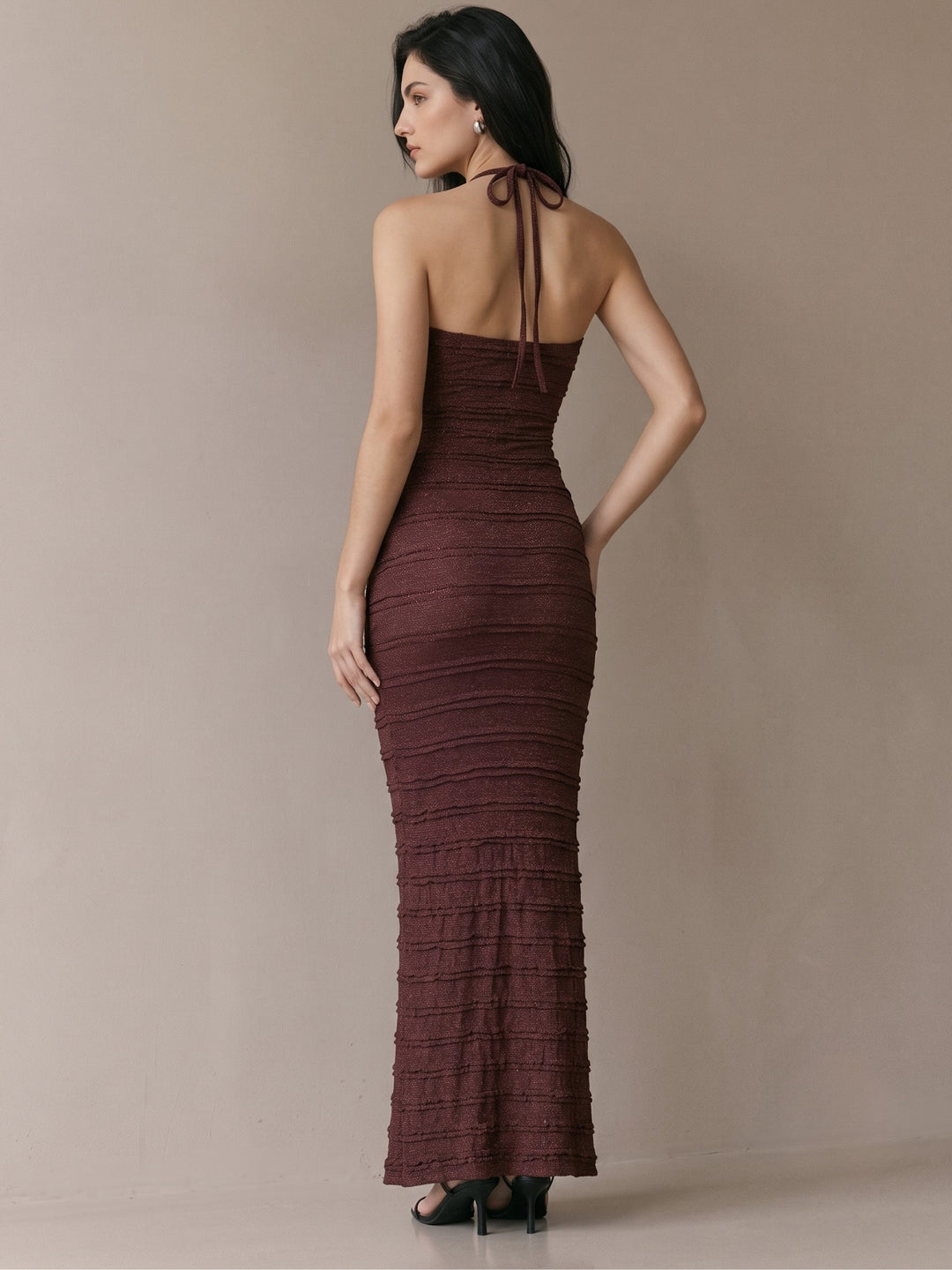 Brown Halter Neck Textured Bodycon Dress