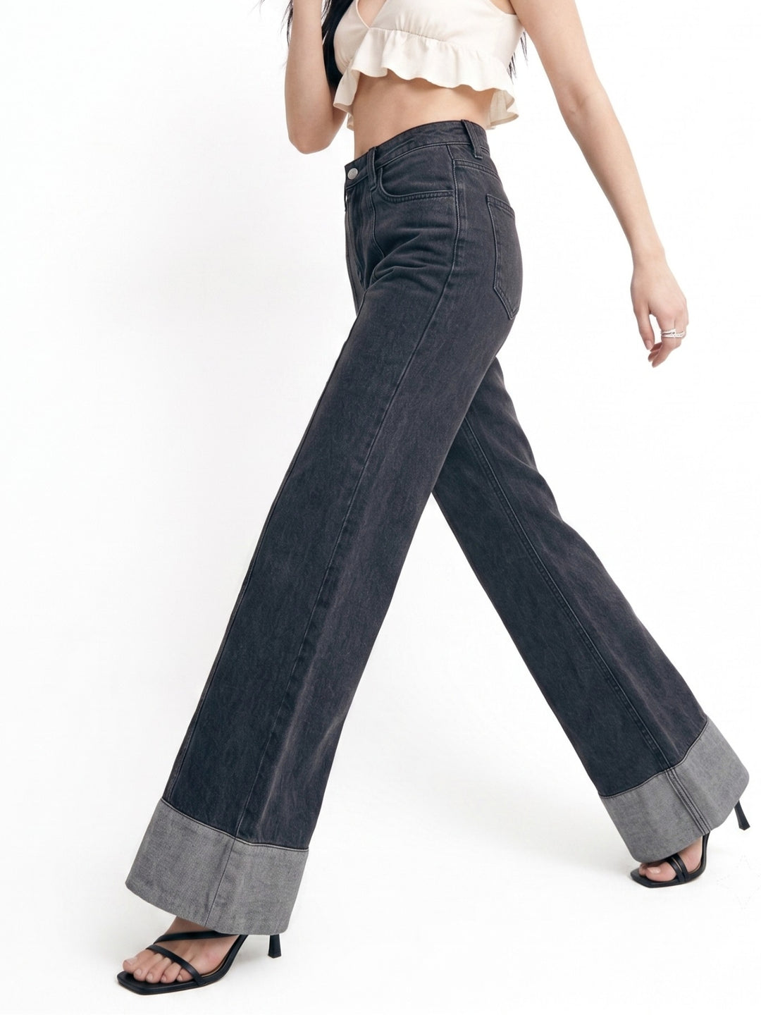 Grey Folded Hem Wide Leg Jeans