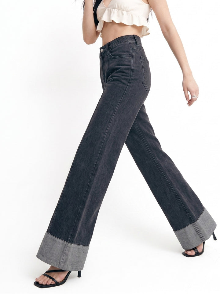 Grey Folded Hem Wide Leg Jeans