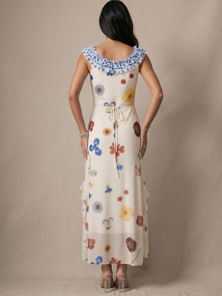 White Ruffle Detail Printed Maxi Dress