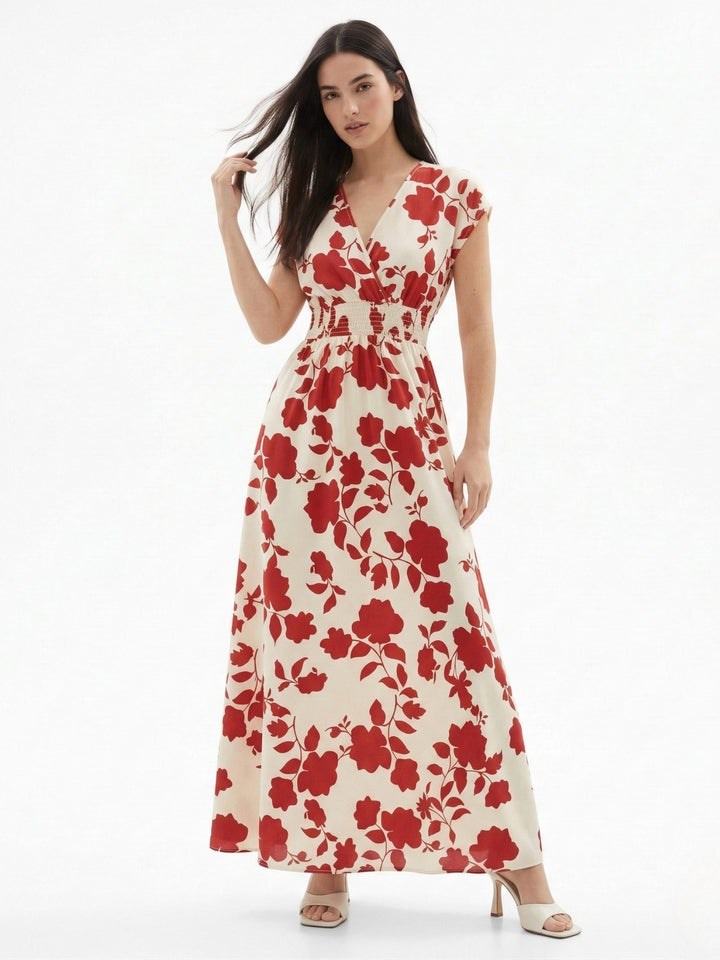 Cream Short Sleeve V Neck Floral Dress