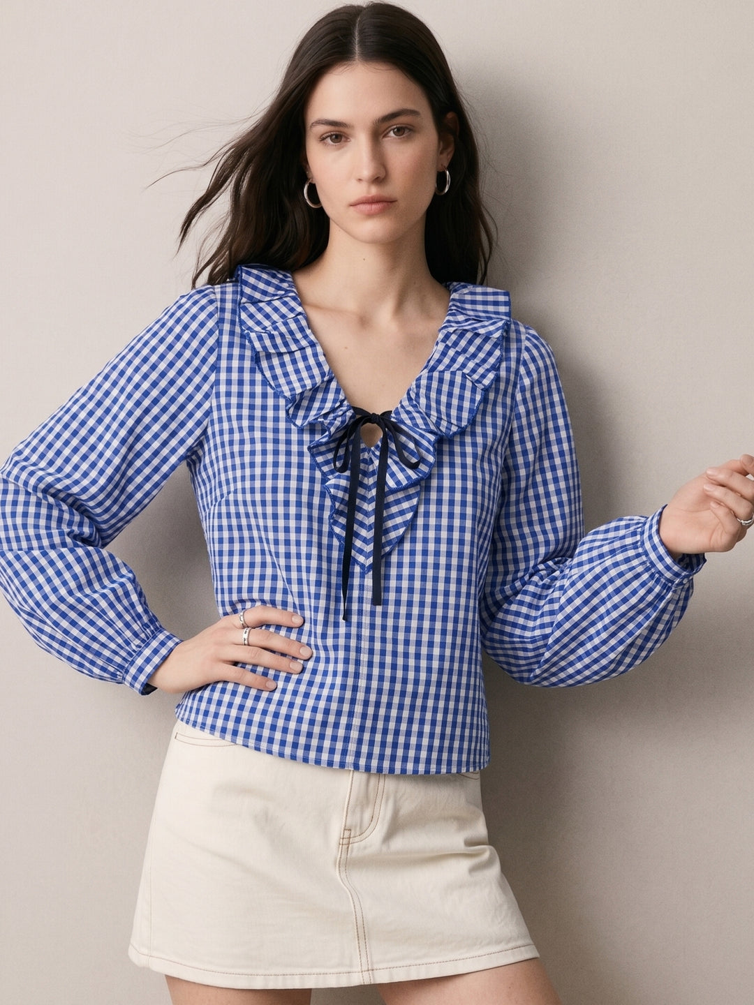 Blue Ruffle Neckline Checkered Top