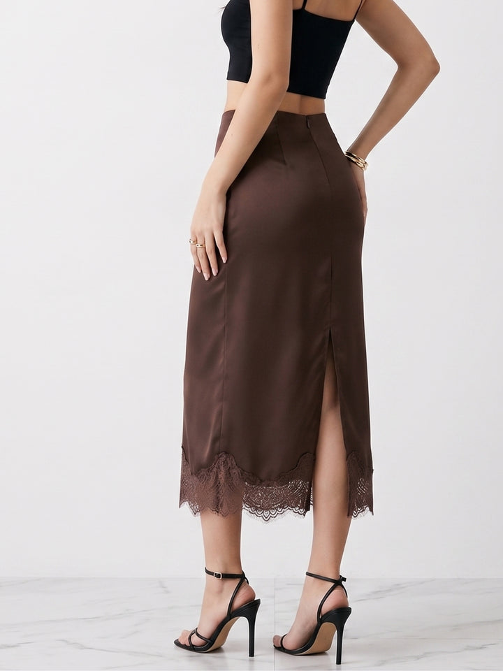 Brown High Waist Lace Hem Skirt