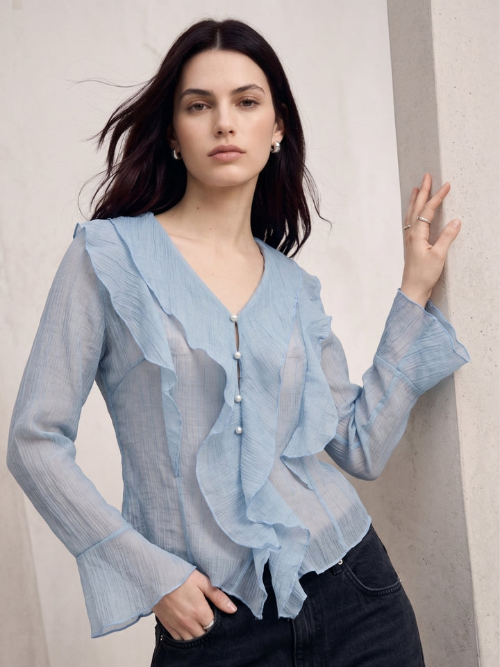 Light Blue Button Down Detailed Blouse With Ruffles