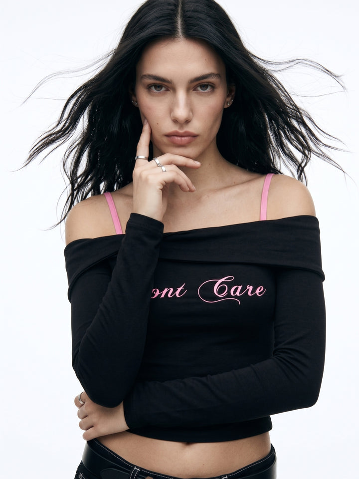 Black Wrap Neck Off-Shoulder Graphic Printed T-Shirt With Contrast Straps